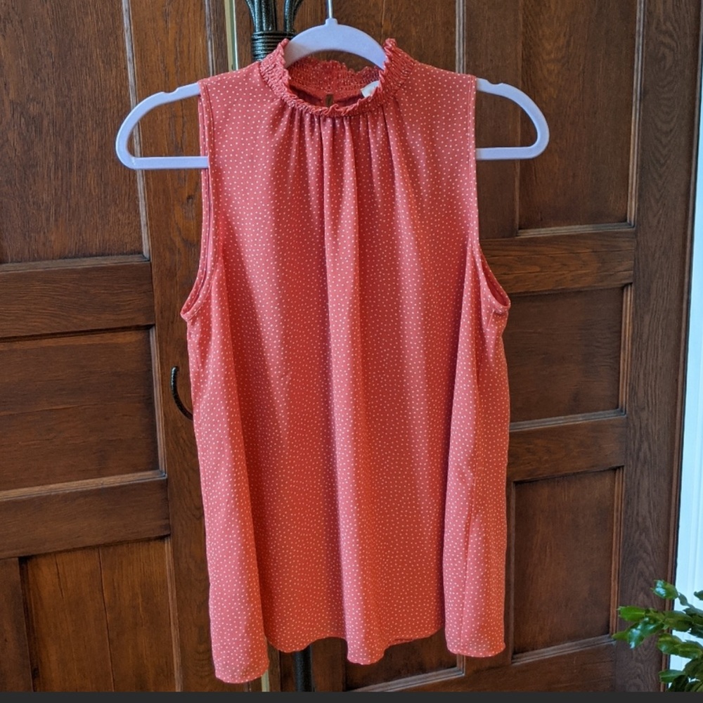 LOFT Coral Polka-Dot Sleeveless High-Neck Blouse